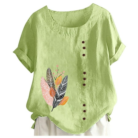 

Pianpianzi Womens Tops Work Blouses Fall Cotton T Shirts for Women plus Maternity Top plus Size Women s Printed Round Neck Raglan Sleeve Hem Slit Loose Short Sleeve Button Decoration Shirt