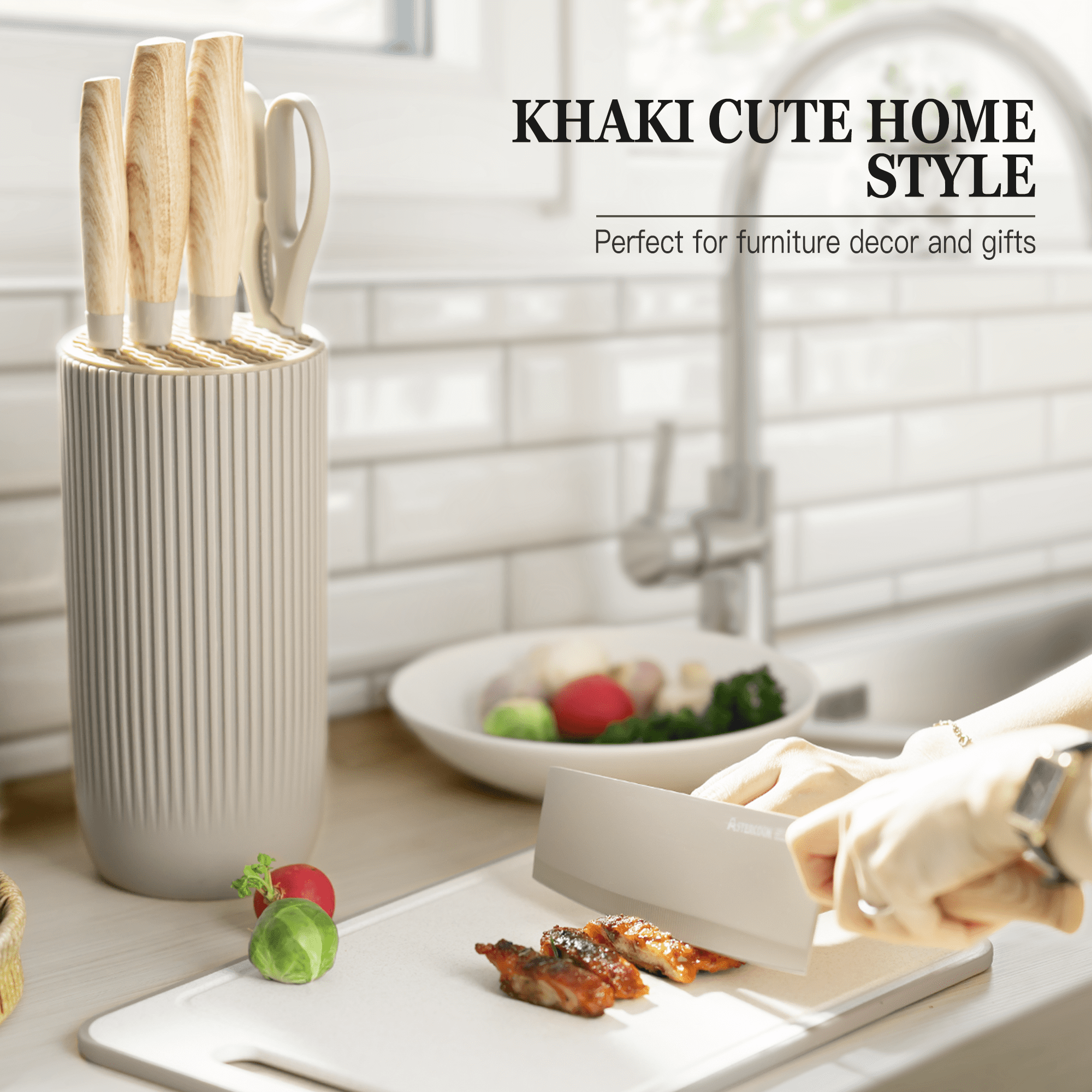 Astercook 6 Piece Beige Knife Set, Kitchen Knives Block Sets with Healthy Anti-Rust Coating, Stainless Steel Chef Knife Set Dishwasher Safe, Perfect Holiday Gifts for Kitchen