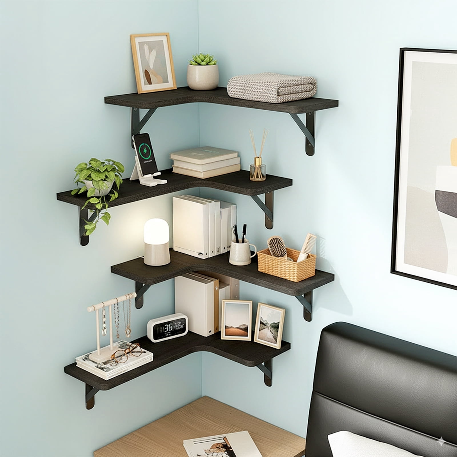 Fairy 5pcs Corner Floating Shelves for Wall, Rustic Wood Wall Shelves, 16.1x11.4 inches, Black