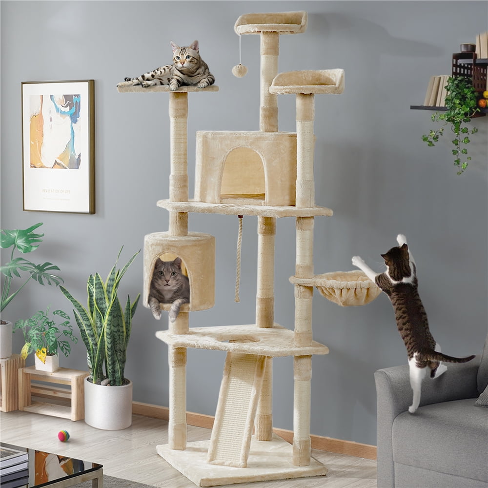 Alden Design 79″ H Multilevel Cat Tree with 2 Condos Basket Scratching Posts, Beige
