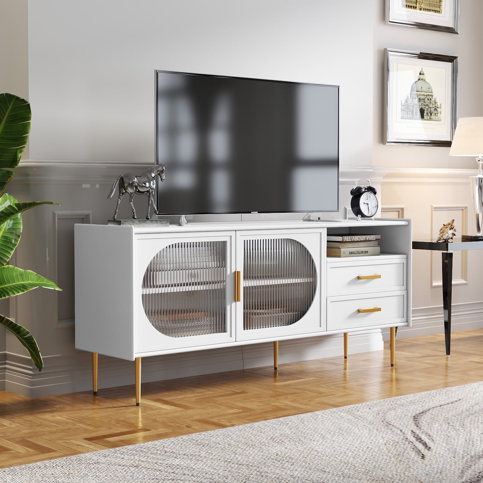HLR Modern 60” TV Stand for 65-inch TVs with Glass Door & Drawers, Entertainment Center with Storage, Living Room, White