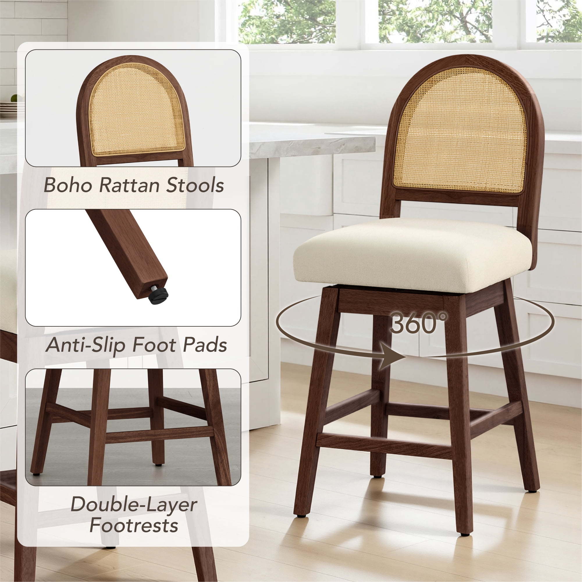 Spruce & Spring 25" Counter Height Swivel Bar Stools Set of 2 with Handmade Rattan Back and Upholstered Seats for Kitchen Island, Walnut