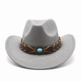 thumbnail image 3 of AJGRHE Classic Western Cowboy Hat Cowgirl Hat Unisex Men's & Women's Wide Brim Felt Fedora Hat Flat Top with Buckle Belt Light Gray One Size, 3 of 3