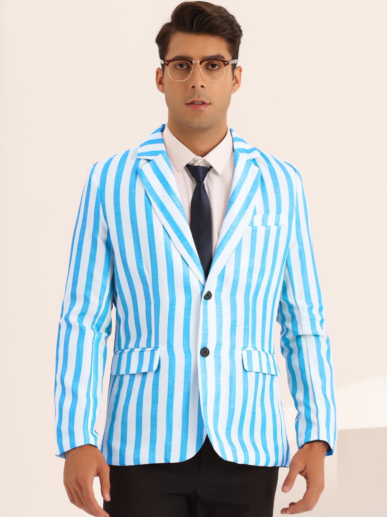 Unique Bargains Men's Sports Coat Notch Lapel Color Block Stripes Pattern Blazer M Blue