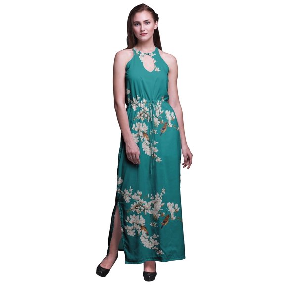 Bimba Bird Ladies Crew Neck Waist String Print Maxi Dress with Side Slits Summer Wear-X-Large