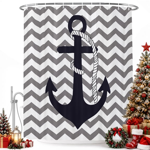 Nautical Anchor Dark Blue Shower Curtain for Bathroom, Grey Zigzag Chevron Waterproof Shower Curtains Washable Quick Dry with Hooks Bathtub Curtains 36x72IN