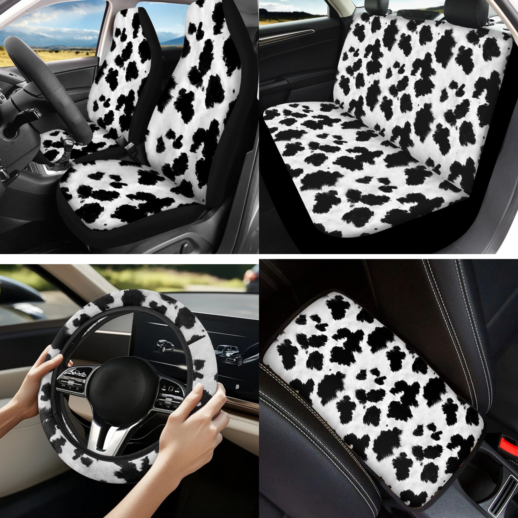 Jeiento Cow Print Car Seat Cover Set with Steering Wheel, Seat Belt Strap, Armrest, Coaster, Keychain, Lipstick Holder Black Universal Automobile Interior Sets Fit SUV, Sedan, Van, Truck