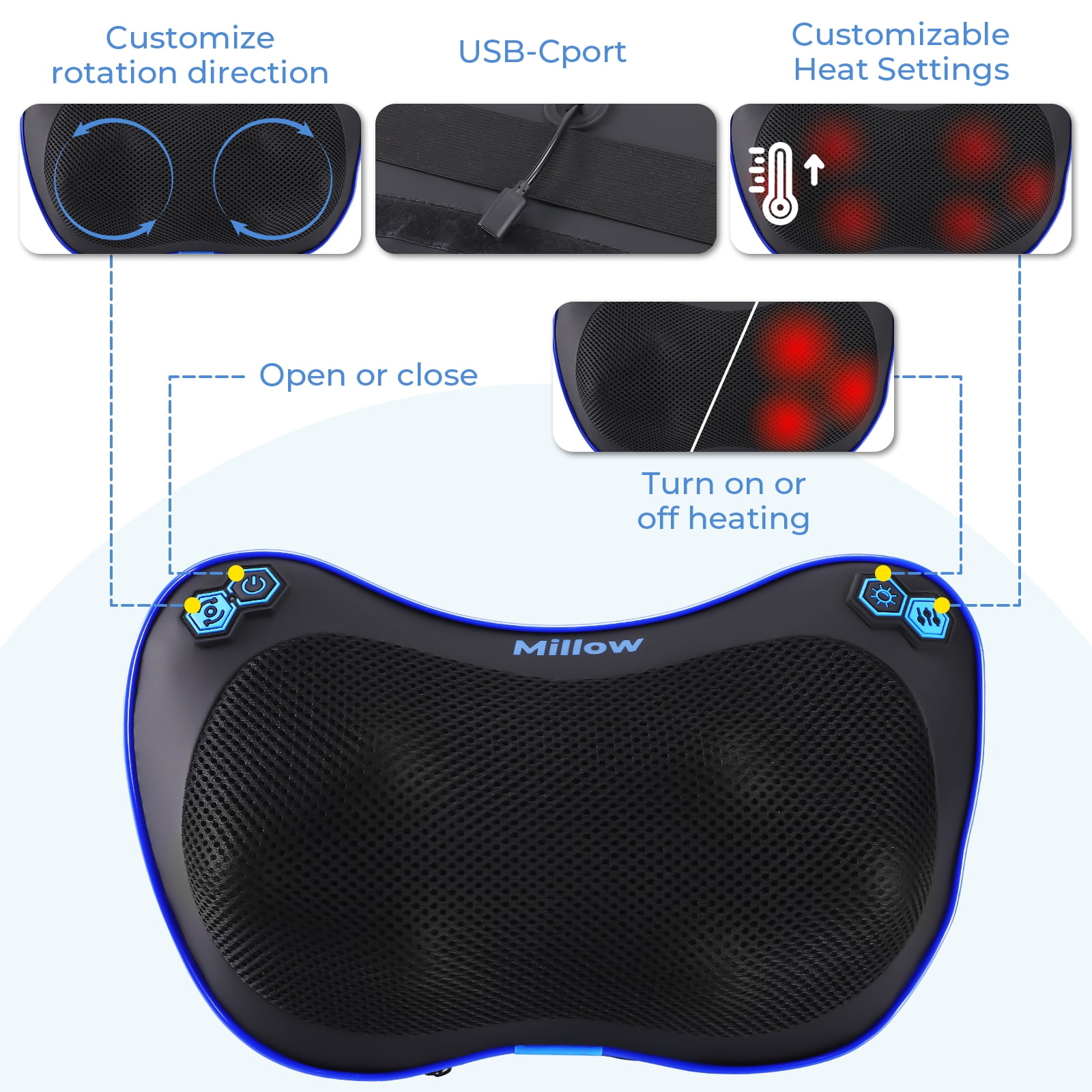 REATHLETE Millow Rectangular Neck Massager with Heat, Cordless Shiatsu Back Massage Pillow