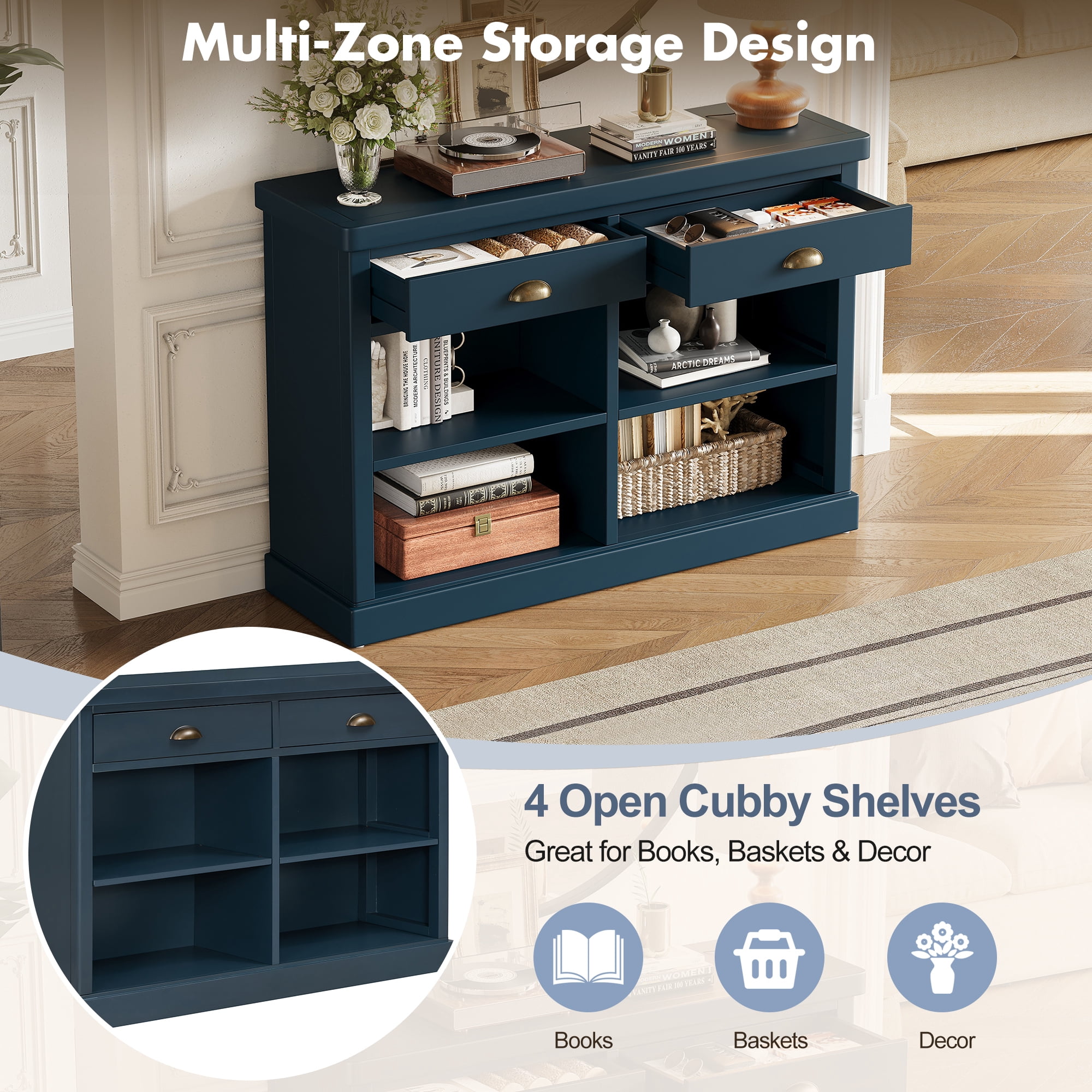 Euroco 47" Long Console Table, Wood Narrow Sofa Table with Open Storage Shelves & 2 Drawers,Entryway Table Accent Table for Living Room, Hallway,Navy