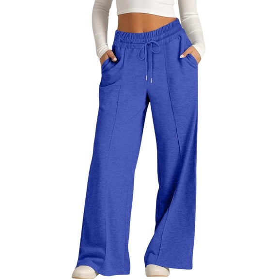 ManxiVoo Womens Wide Leg Casual Pants with Tied Waist for Fall and Winter Boho Chic Lounge Wear Comfortable Weekend Trousers L Size Blue