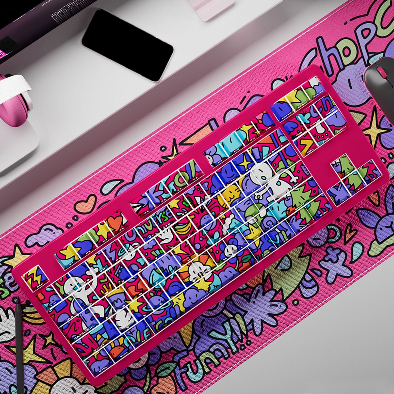 74/140Key Graffiti Artistic Design PBTs Original Profile Side Print Transparents Keycaps for Backlits Keyboards