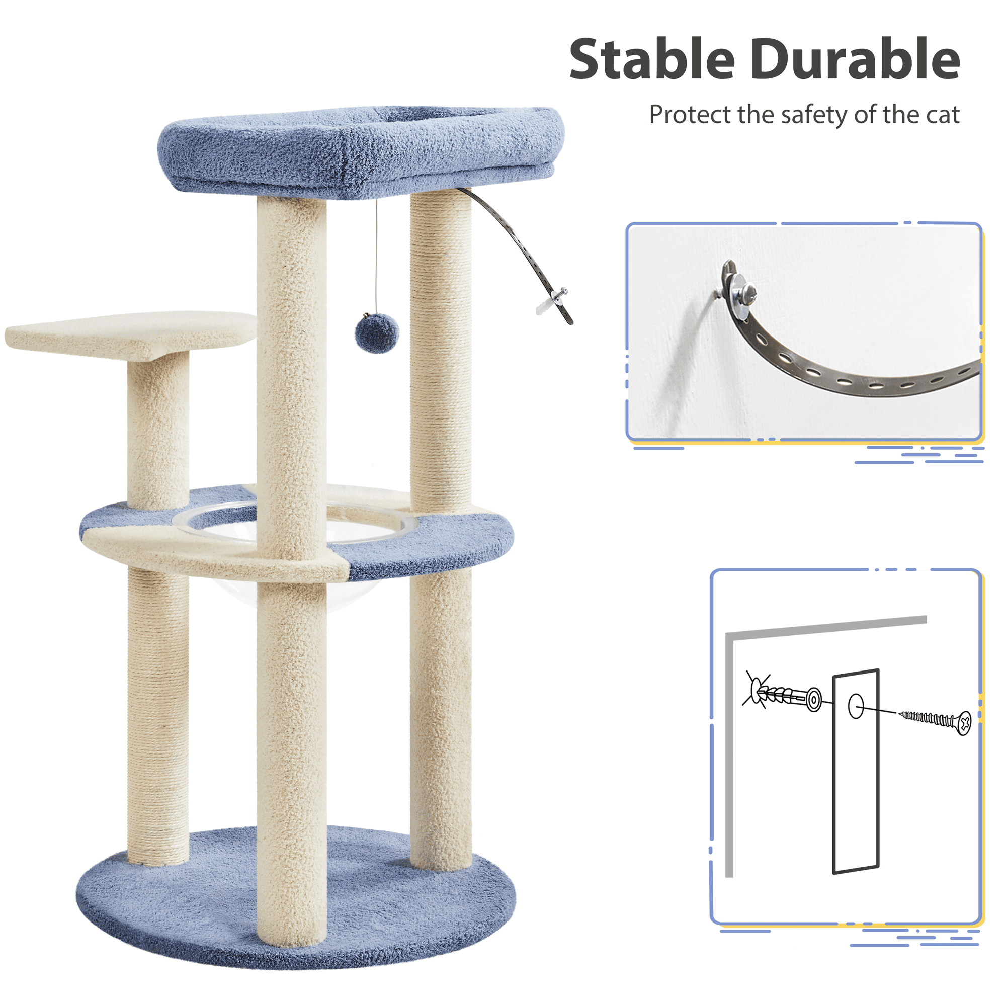 Yaheetech 35.6″ Tall Ocean Cat Tree with Detachable Clear Bowl, Blue/Beige