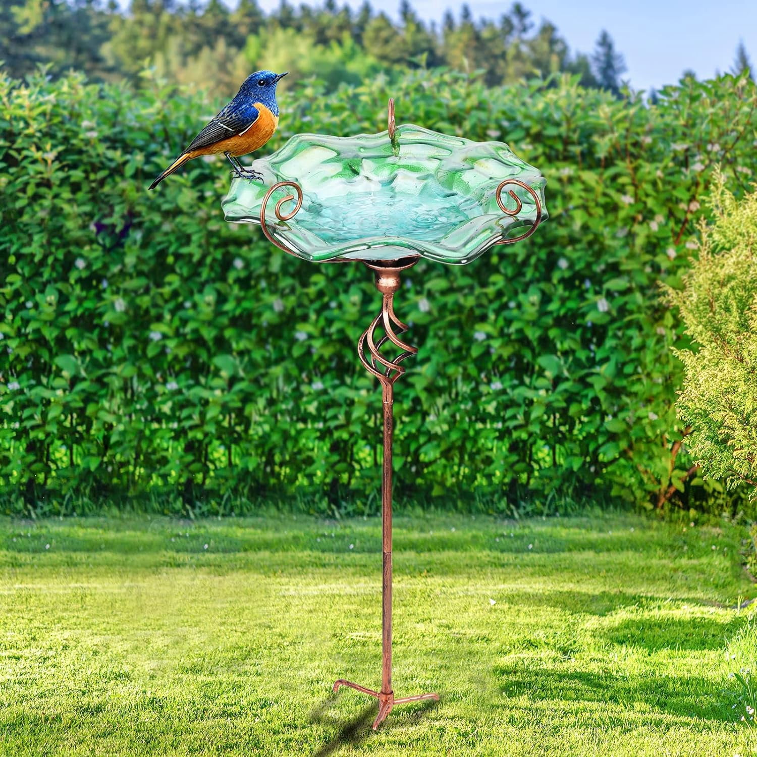 31 Inch Height Glass Bird Bath with Metal Stake Garden Yard Outdoor birdbaths, Green