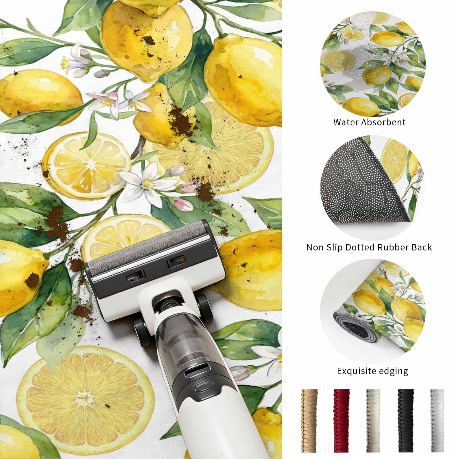 Round Area Rugs 7Ft, Lemon Non-Slip Washable Circle Rugs Carpet, Yellow Fruits Summer Watercolor Botanical Leaf Plant Indoor Outdoor Rug Floor Mats Throw Runner for Bedroom Living Room Bathroom