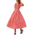 thumbnail image 6 of Franhais Women Casual Dress, Short Puff Sleeve Plain/Floral Square Neck High Waist Dress, Ladies Summer Long One-Piece, 6 of 9