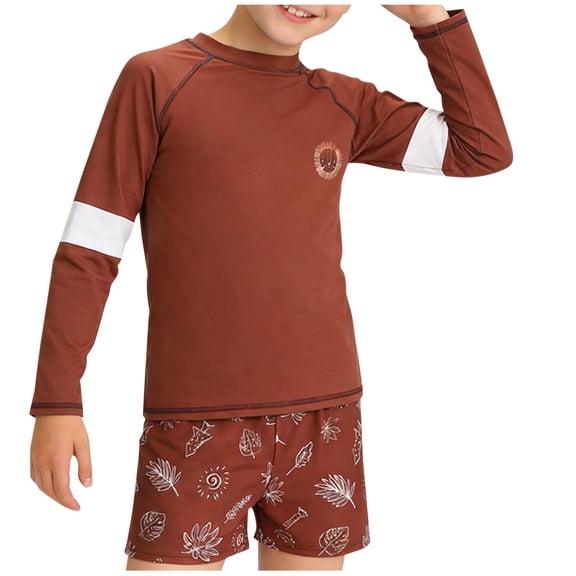 Boys Rash Guard Swim Set UPF 50 Sun Protection Long Sleeve & Shorts Brown Nature Print Quick Dry for Kids to Youth,Size 2-3 T