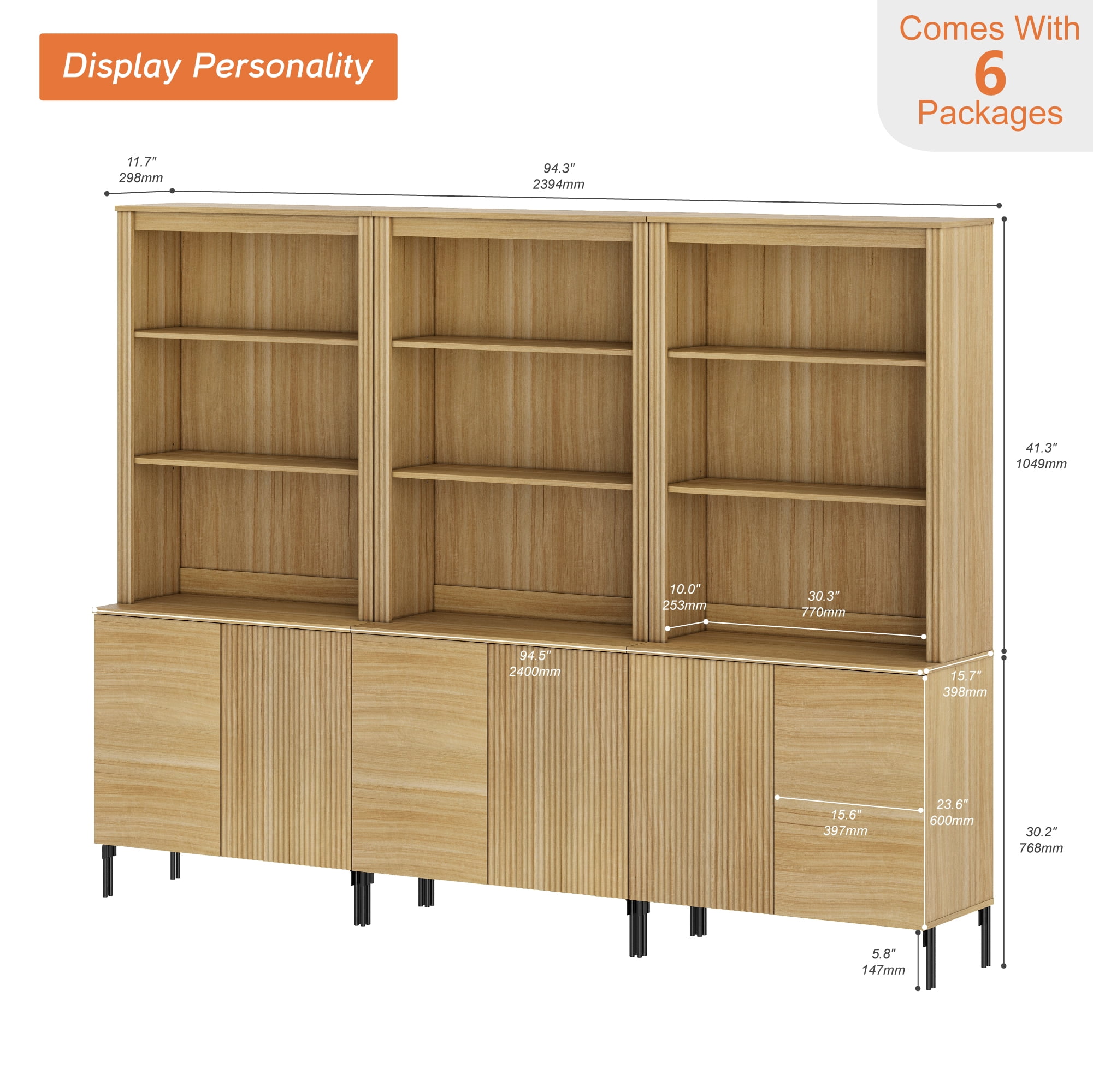 71" Tall Arched Kitchen Pantry Cabinet Set of 2, Wood Bookcase Display Cabinet With Doors And Adjustable Shelves, Mid-Century Modern Versatile Cupboard For Dining Room, Bedroom