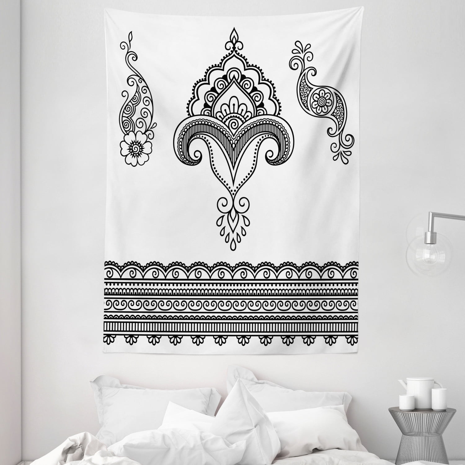 Henna Tapestry, Black And White Eastern Motifs Monochrome Ornamental