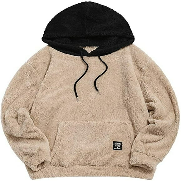 Chandail à Capuche en Polaire à Manches Longues Contrastées avec Poche, Kaki Clair&Noir, TG