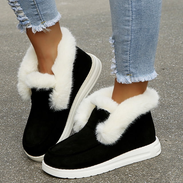 Chaussures Plates en Peluche pour Femmes Couleur Unie Bout Rond Décontracté Plus Velours Chaussures d'Étudiants