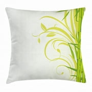 Green Throw Pillow Cushion Cover, Bamboo with Artistic Floral Curly Leaves Asian Feng Shui Zen Garden, Decorative Square Accent Pillow Case, 16 X 16 Inches, Lime Green Pale Green White, by Ambesonne