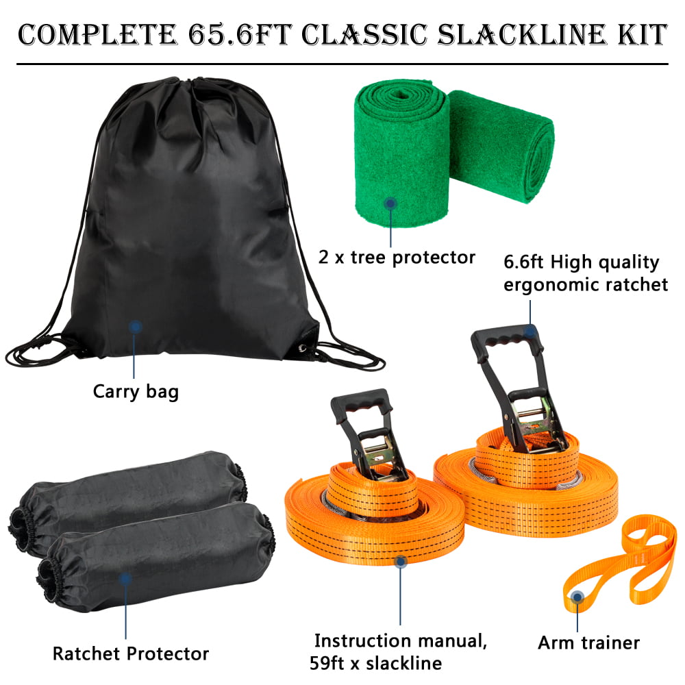 Slackline Kit with Tree Protectors Ratchet Arm Trainer Bag 59 feet Easy Set Up 