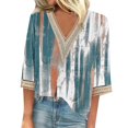thumbnail image 2 of Blue Women's Short Sleeve T-shirt, Women'S V Neck Lace Edge Gradient Print Loose Seven Quarter Sleeve T Shirt,Women's Short sleeve T-shirt XL, 2 of 6