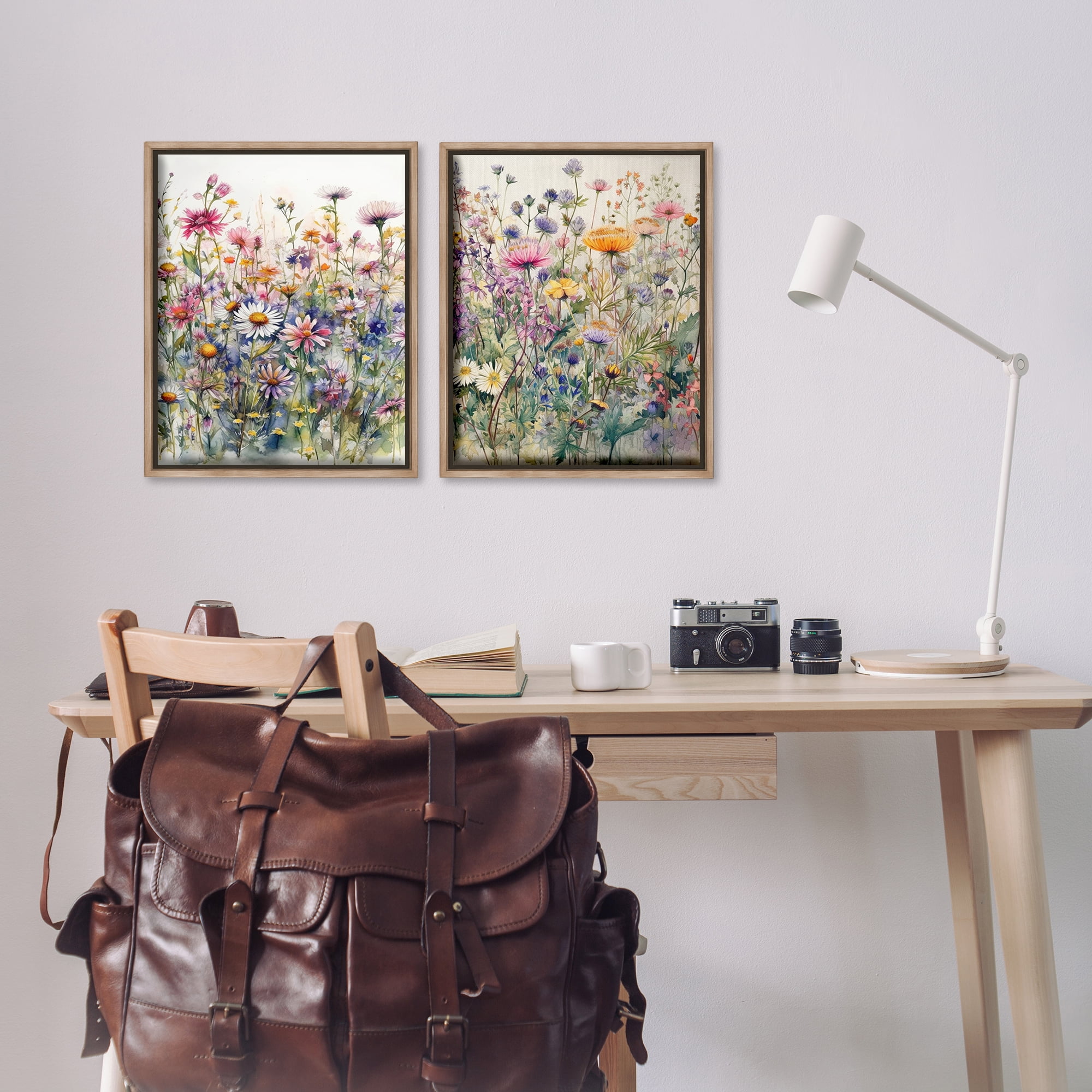Stupell Industries Watercolor Daisy & Aster Field Plants & Flowers Painting Brown Floater Framed Canvas Art Print Wall Art, 17 x 21, Set of 2