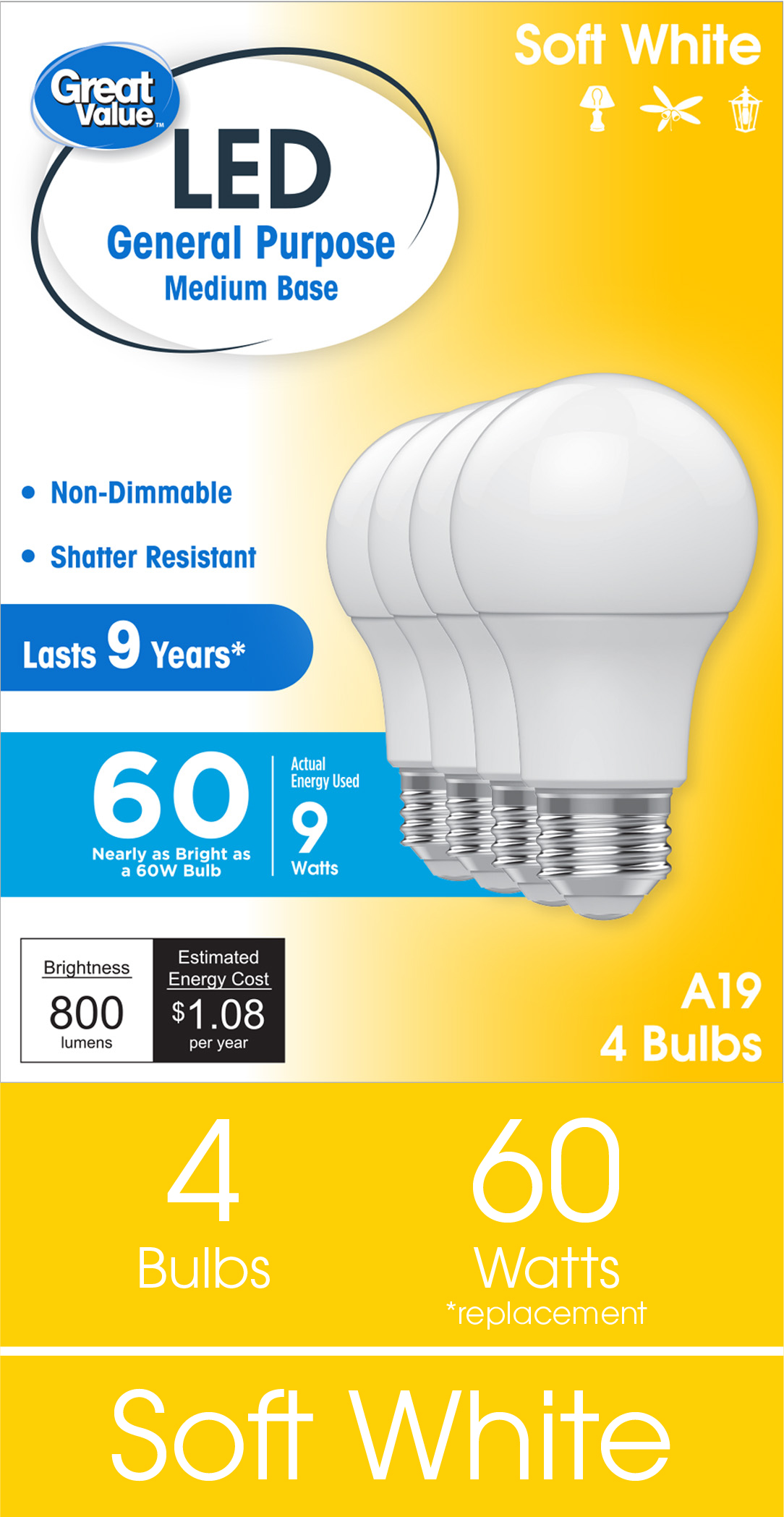 Great Value LED A19 Light Bulbs, 60W Equivalent, Soft White, 4-Pack photo 1