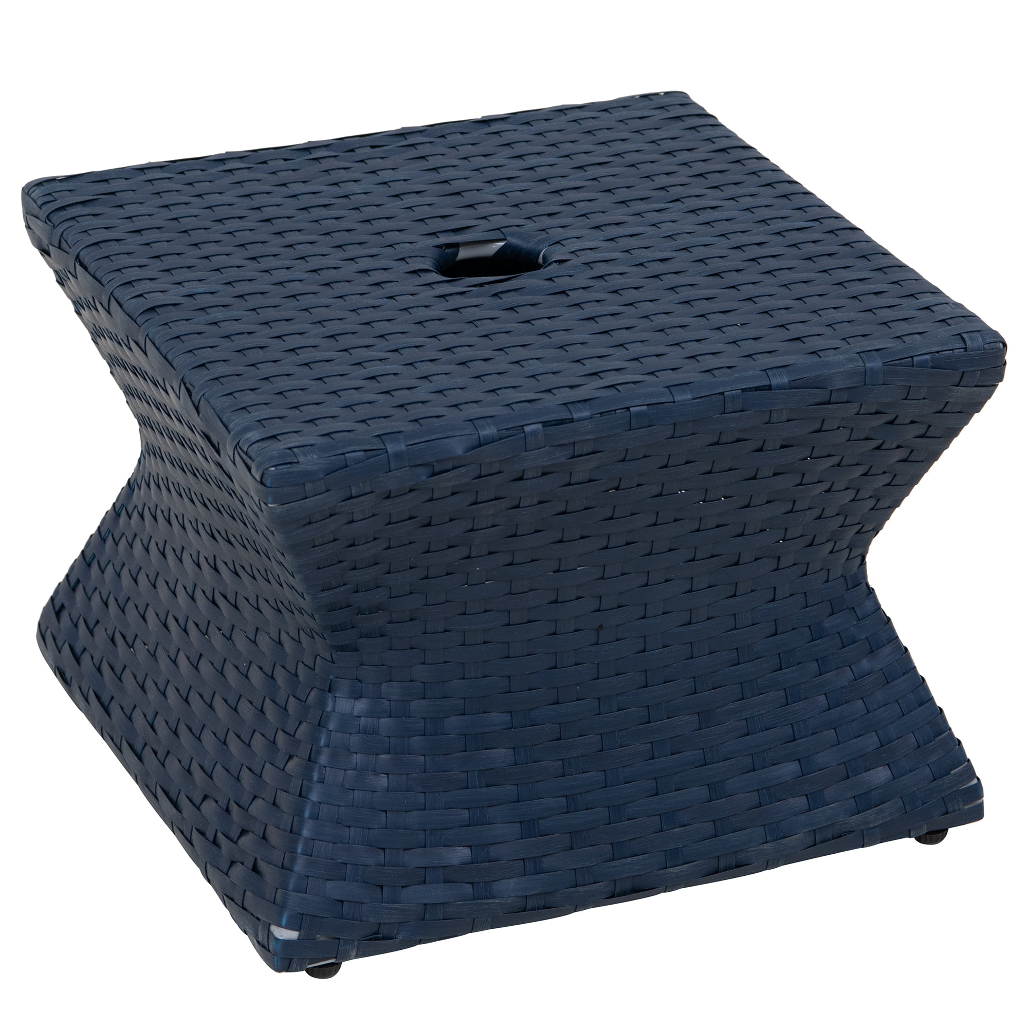 Outdoor Side Patio Table with Umbrella Hole, Sunjoy Poolside 16-Inch Rattan Wicker Square Combination Umbrella Stand Side Table, Navy