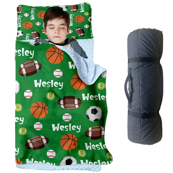 KAINSY Personalized Toddler Nap Mat for Boys–Ball Games Pattern, Custom Name Nap Mats with Removable Pillow, Roll-Up Sleeping Mat for Kids Preschool, Daycare, Travel, Kindergarten