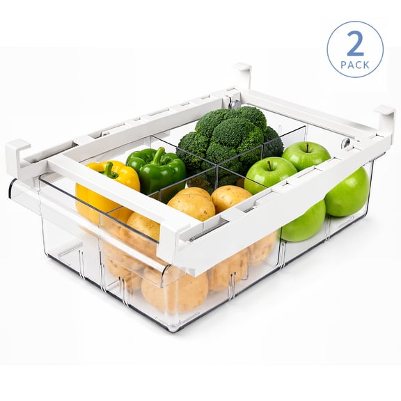 Fridge Drawer Organizer, 2 Pack Pull Out Refrigerator Under Shelf Storage Bin with 2 Removable Dividers and Handle, Clear BPA-Free Adjustable Fridge Organizer for Deli Meat, Cheese, Produce