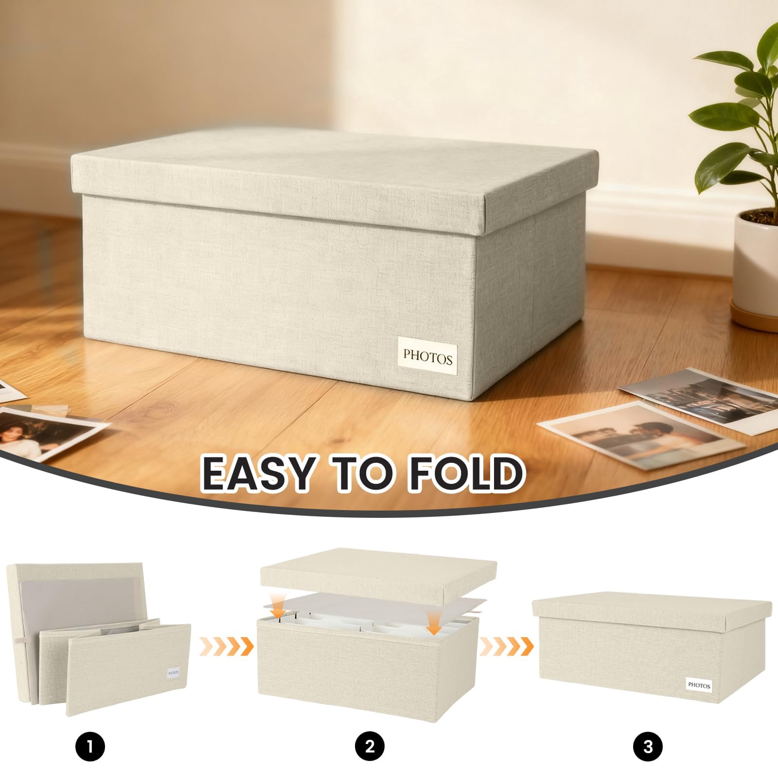 Beige 5*7 Inch Photo Storage Chest Linen Organizer with Dividers