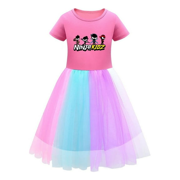 Girls Ninja Dress with Cartoon Ninja Kidz Print – Tulle Skirt and Crewneck Short Sleeve Design – Comfortable and Stylish Partywear for Kids