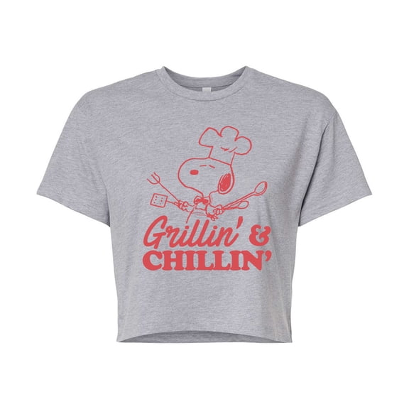 Peanuts - Grillin And Chillin - Juniors Cropped Cotton Blend T-Shirt
