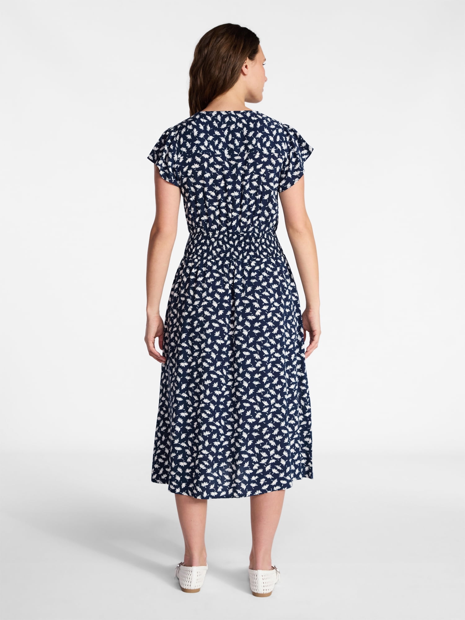Time and Tru Women’s and Women’s Plus Smocked Waist Midi Dress with Flutter Sleeves, Sizes XS-4X