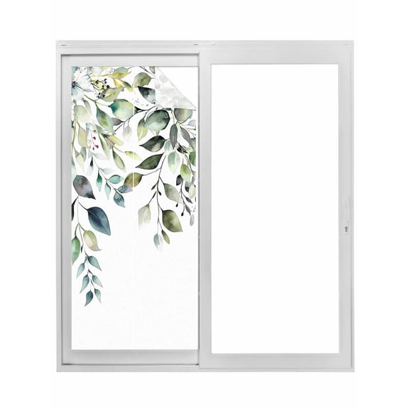 Eucalyptus Leaves Window Privacy Film, Watercolor Weeping Teal Botanical Static Cling UV Sun Blocking Tint Film Heat Control Windows Films for Bedroom Bathroom, Window Stickers 23.6"x59"