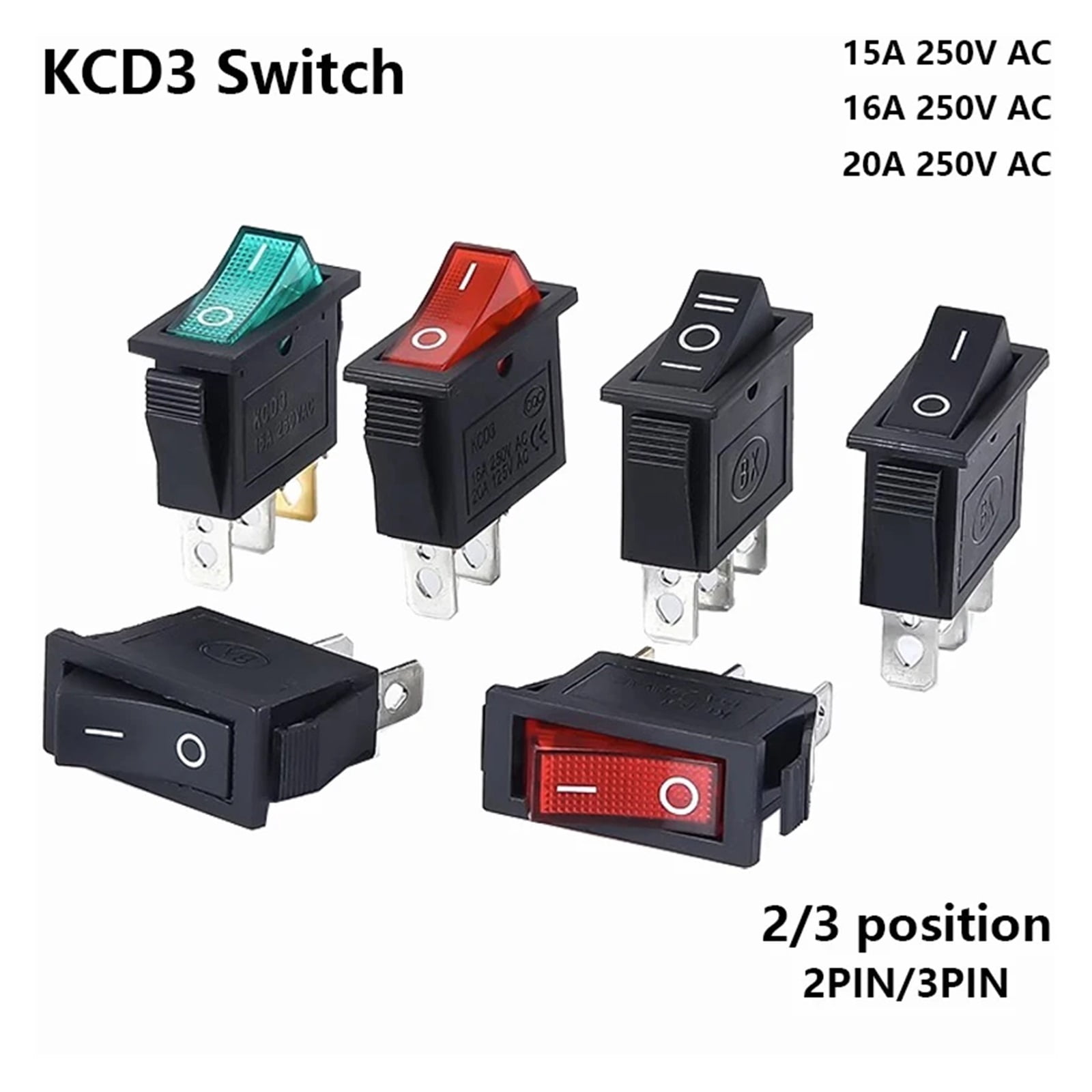 1PCS KCD3 Rocker Switch ON-OFF ON-OFF-ON 2 Position 3Pins Electrical equipment With Light Power Switch 16A 250V / 20A 125V AC