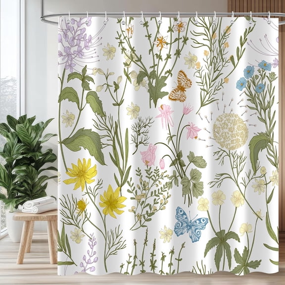 Boho Shower Curtain, Sage Green Beige Botanical Floral Plant Herbs Butterfly Leaves Flowers Retro Vintage Bathroom Curtain, 72x72 in Polyester Fabric Waterproof Bath Curtain with 12 Hooks