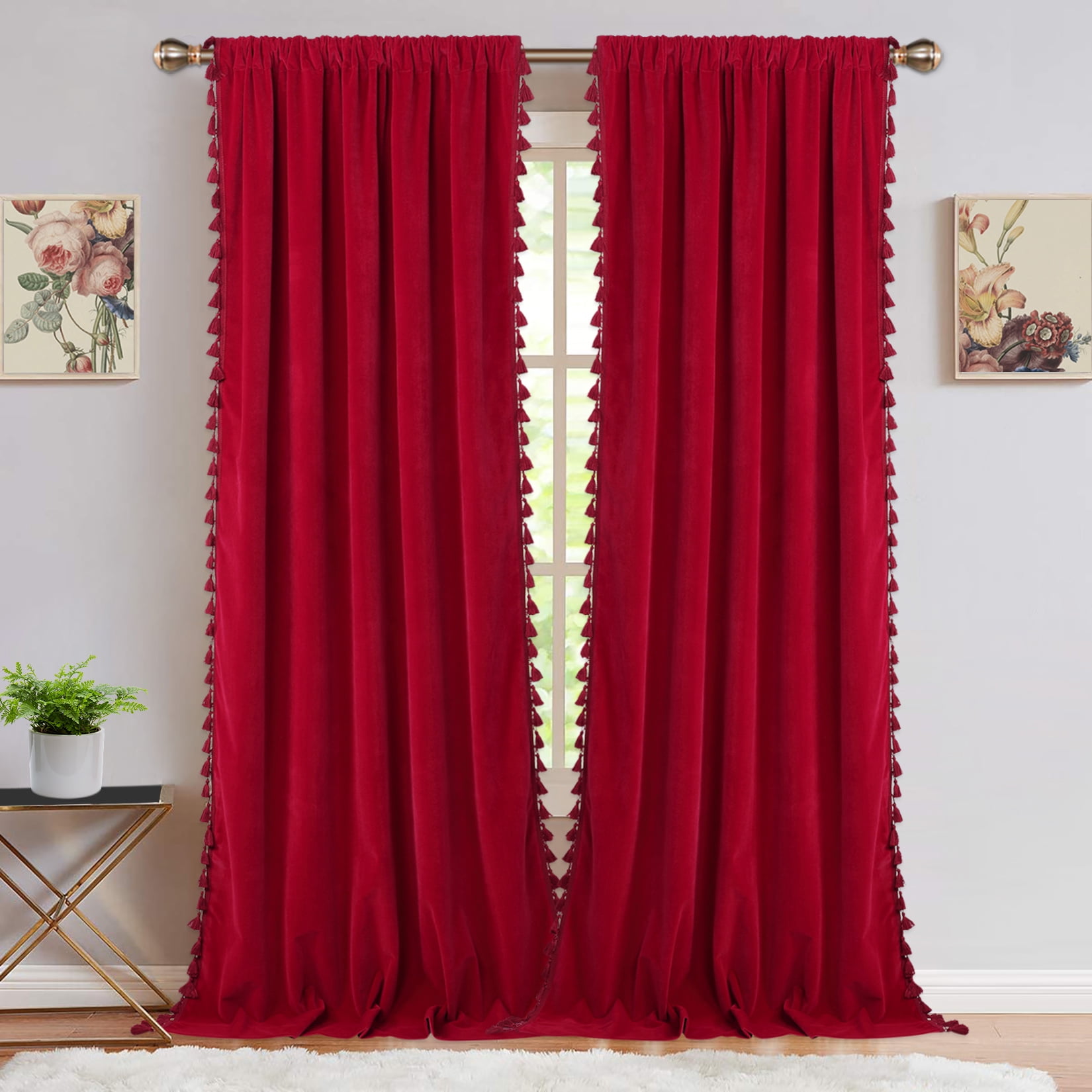 Glowsol 42 W X 96 L Red Velvet Curtains For Bedroom Boho Tassels Light Reducing Rod Pocket Window Treatment Sets 2 Panels Com