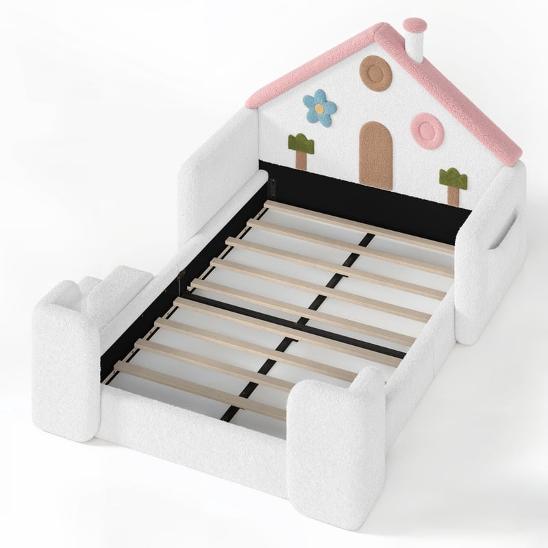Full Size Kids Floor Bed with House Shaped Headboard, Upholstered Teddy Fabric Child Storage Platform Bed Frame with Pocket