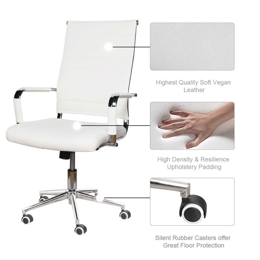 Okeysen Mid-Back Ribbed Home Office Desk Chair Upgraded Seat Ergonomic Leather Conference Room Swivel Chairs Adult, White