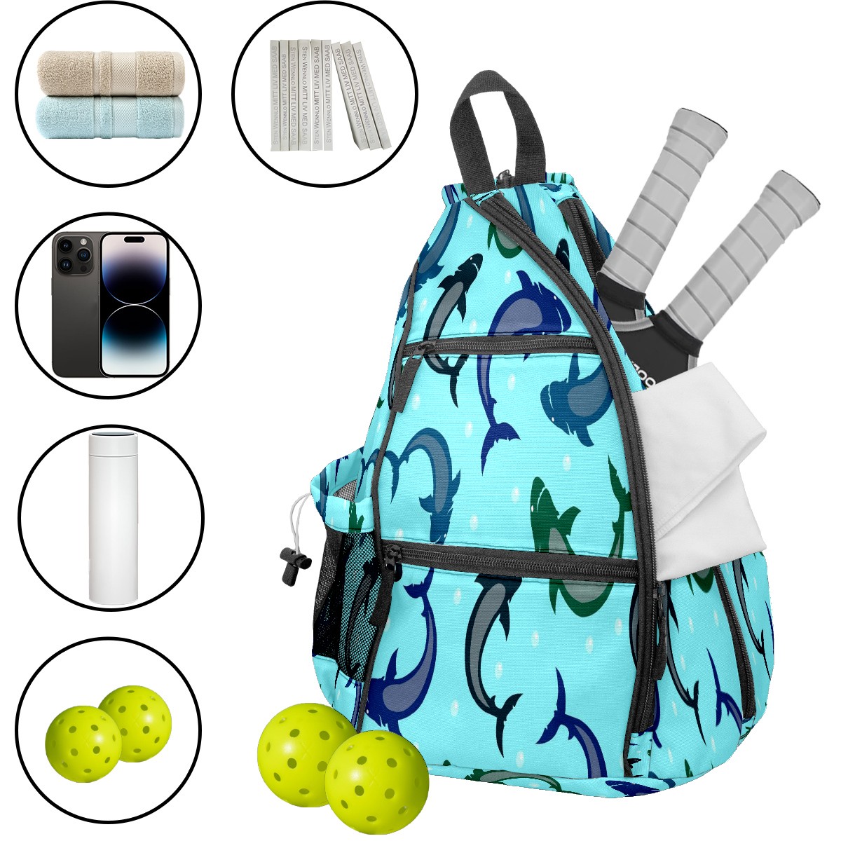 Pickleball Bags for Men Women Pickleball Backpack with Large Capacity Lightweight Adjustable Pickleball Sling Bag Hold Paddles, Balls, Accessories Texture Shark