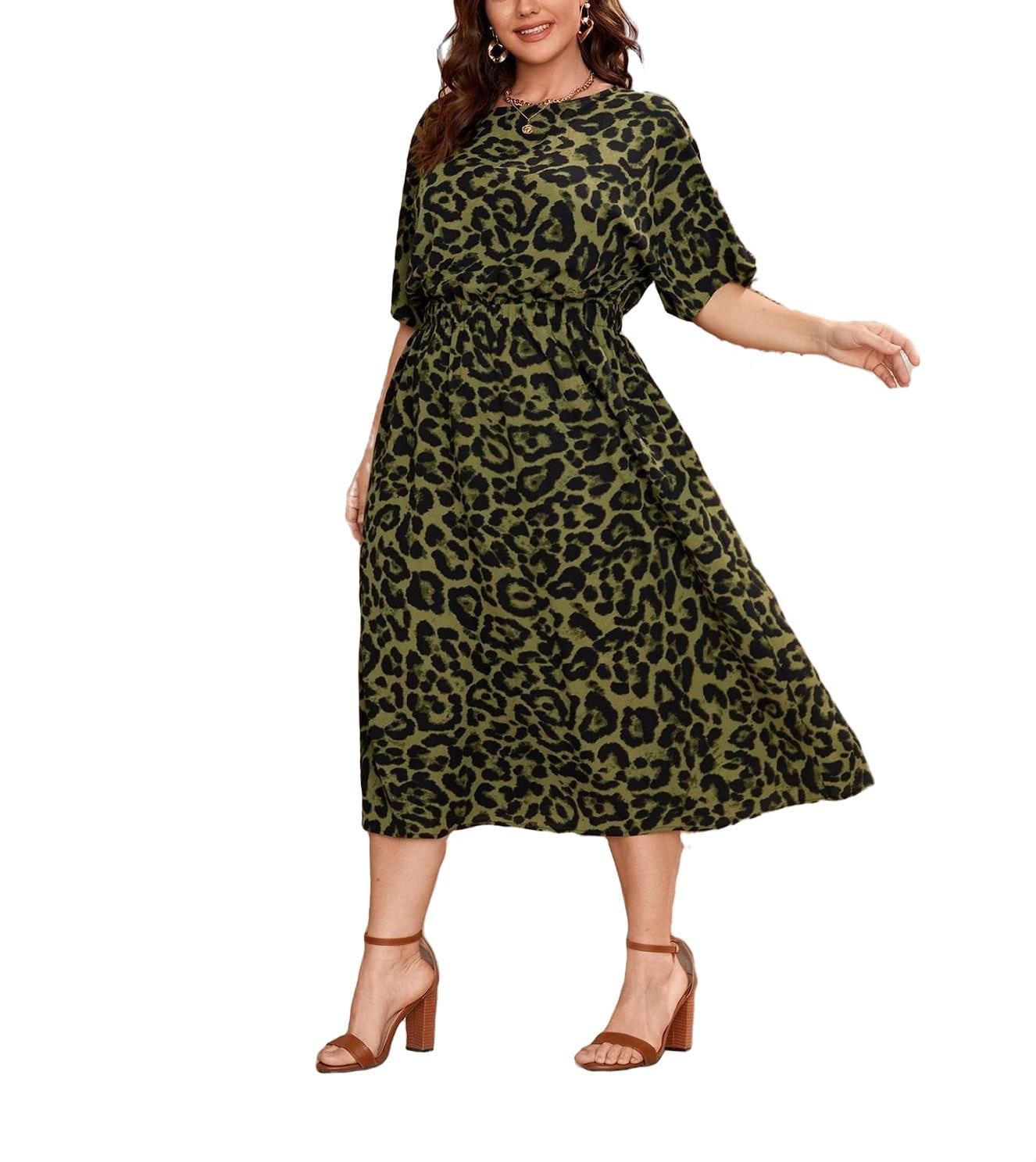 Leopard Print Round Neck A Line Short Sleeve Olive Green Plus Size (Women's) - Walmart.com
