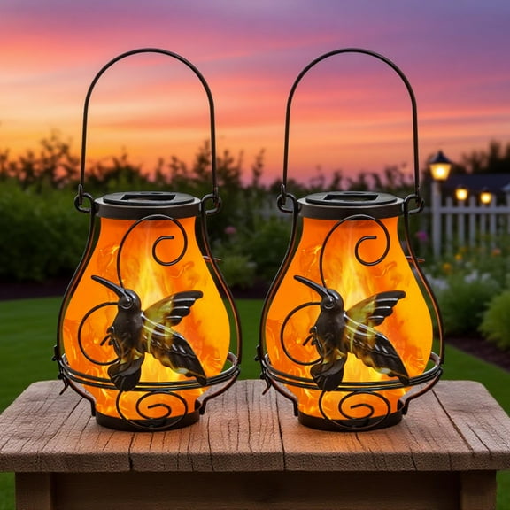 YAKii 2 Pack Solar Flame Lantern Hanging Waterproof Outdoor Hummingbird Metal Solar Lamp with Dancing Flame Light Decorate for Yard Garden Pathway Patio Porch Decor