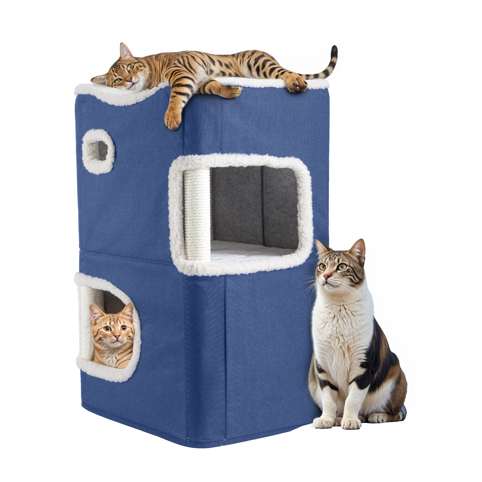 Uforic 2-Tier Indoor Cat Condo with Scratch Pad, Tunnels & Hideaway Cube, Navy Blue