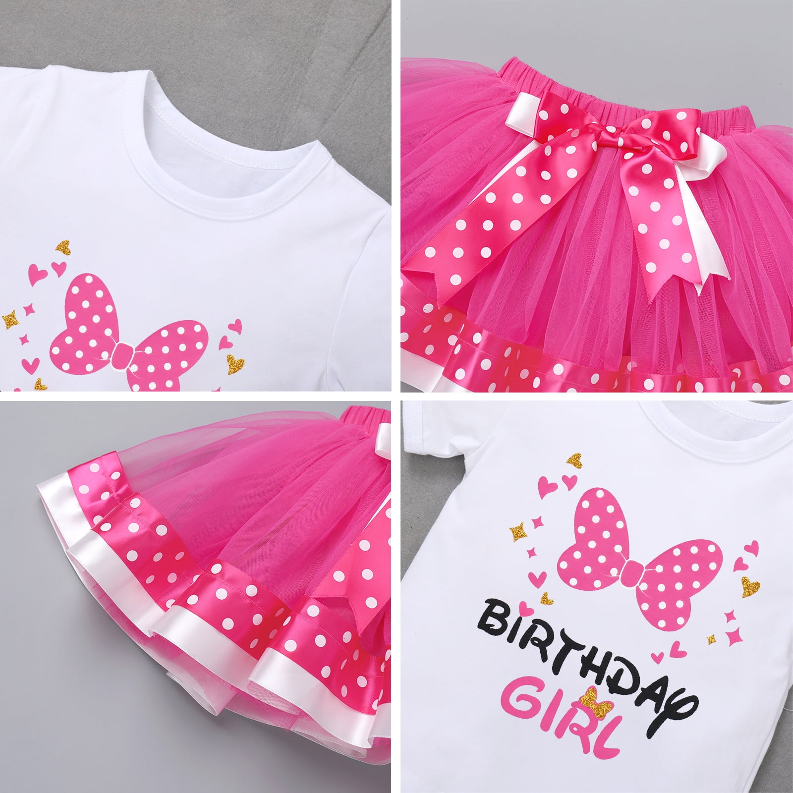 IBTOM CASTLE Toddler Girls Birthday Outfit Polka Dots Tops Tutu Skirt Mouse Ears Headband for Cake Smash Photo Shoot 3 Years Hot Pink - Bowknot