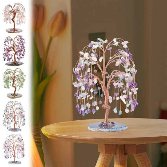 Crystal Money Tree Ornament, Handmade Stone Feng Shui Decor for Wealth & Prosperity, Home Office Desk Decor