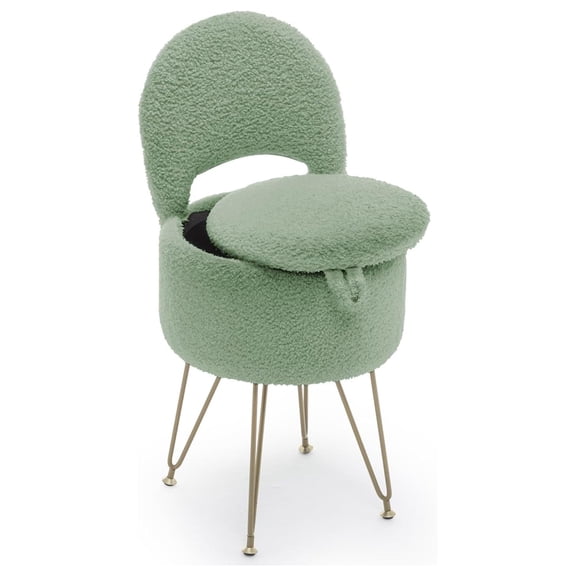 Vanity Stool Chair with Storage and Folding Back, 13"x13"x27.6" Faux Fur Soft Round Ottoman, Vanity Chair with Storage, Ideal for Bedroom, Living Room, and Makeup Stations, Green