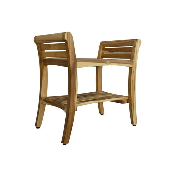 EcoDecors Symmetry 24" Teak Wood Shower Bench with Shelf and LiftAide Arms in EarthyTeak Finish